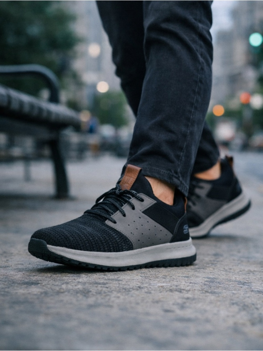 Skechers Men's Black and Gray Knit Casual Lace-Up Sneakers
